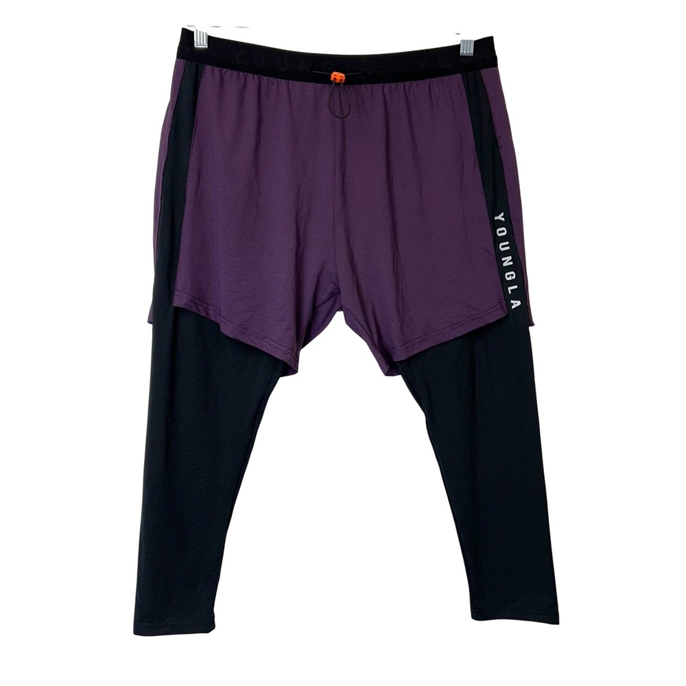 YoungLA 2 in 1 Compression Tights Shorts Men's Large Black Purple Gym Workout